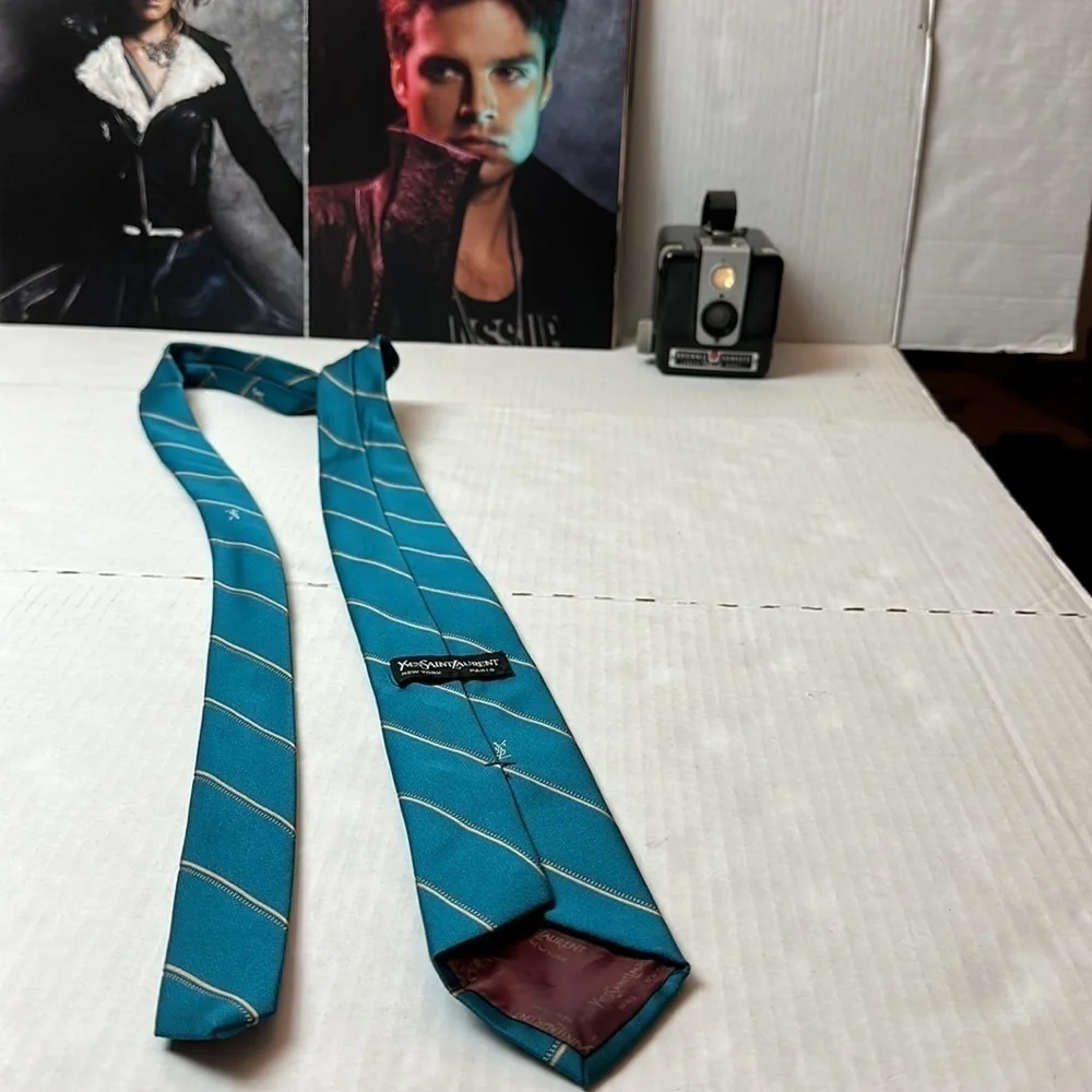Vintage 1970s YSL Yves Saint Laurent Silk Tie Teal Gold Stripe Paris New York